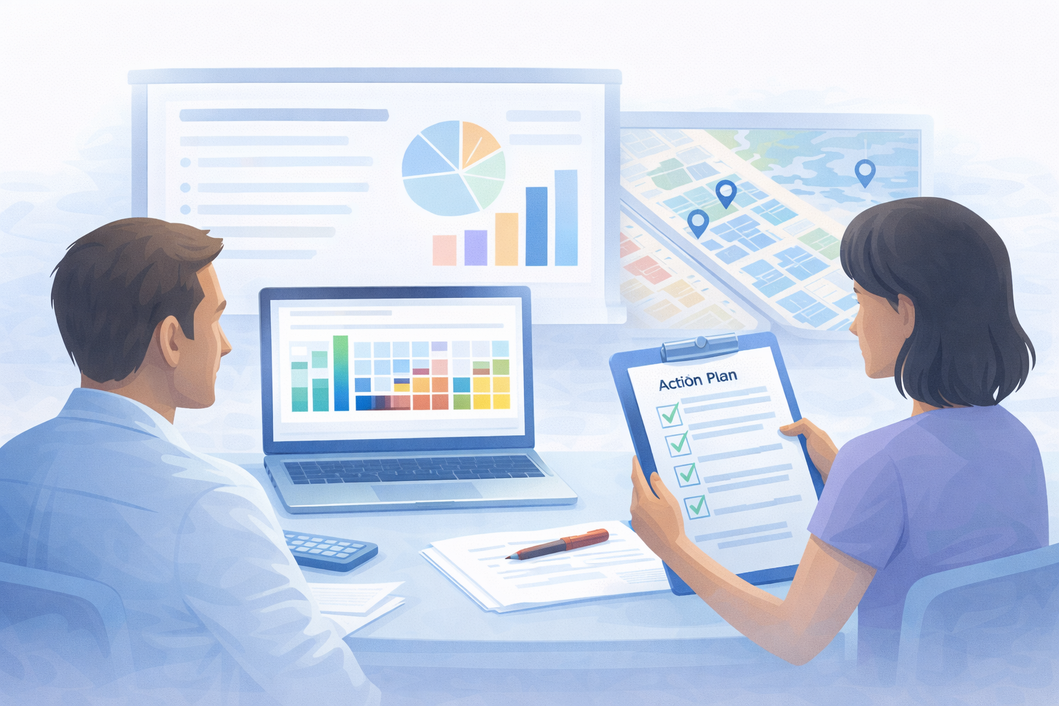 Inform action and planning: an illustration showing decisions leading to implementation.