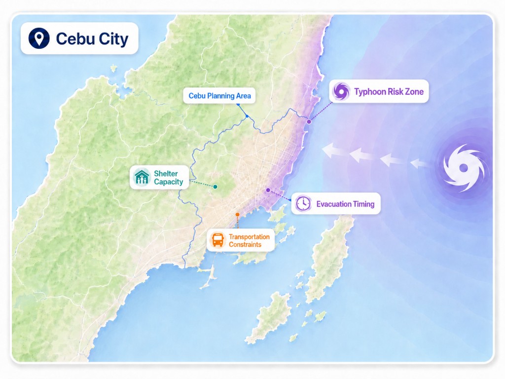 Map-style scenario graphic showing a Cebu City typhoon evacuation planning scenario with typhoon risk zone, evacuation timing, shelter capacity, transportation constraints, and Cebu Planning Area overlays.