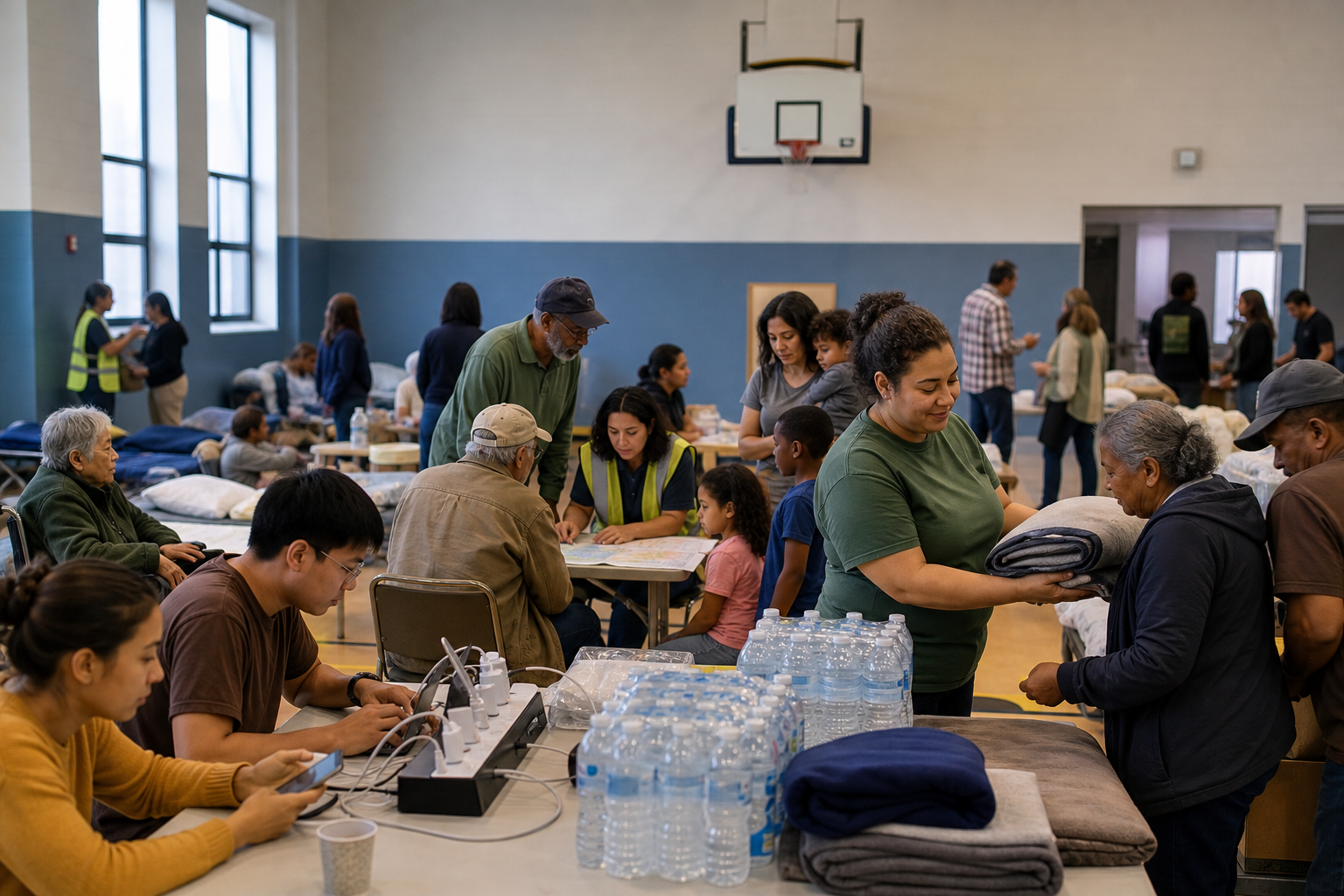Community members, families, elders, and local volunteers coordinate supplies in a neighborhood resilience hub during disaster response.