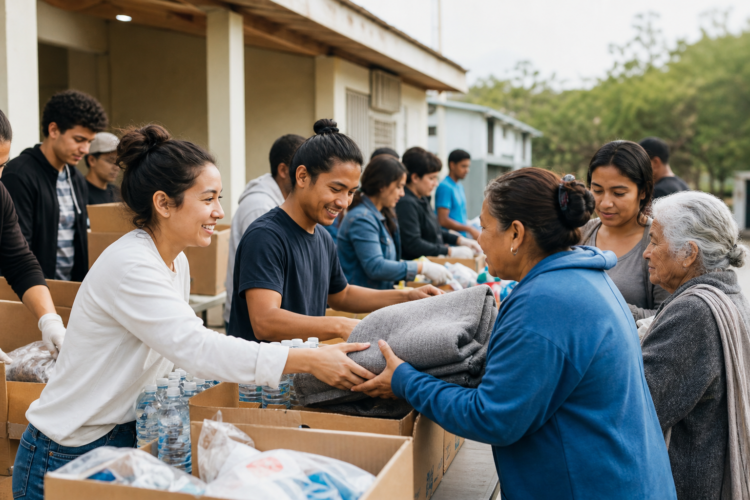 Volunteers and community members distribute blankets, water, and relief supplies to residents in an underserved community after a disaster.