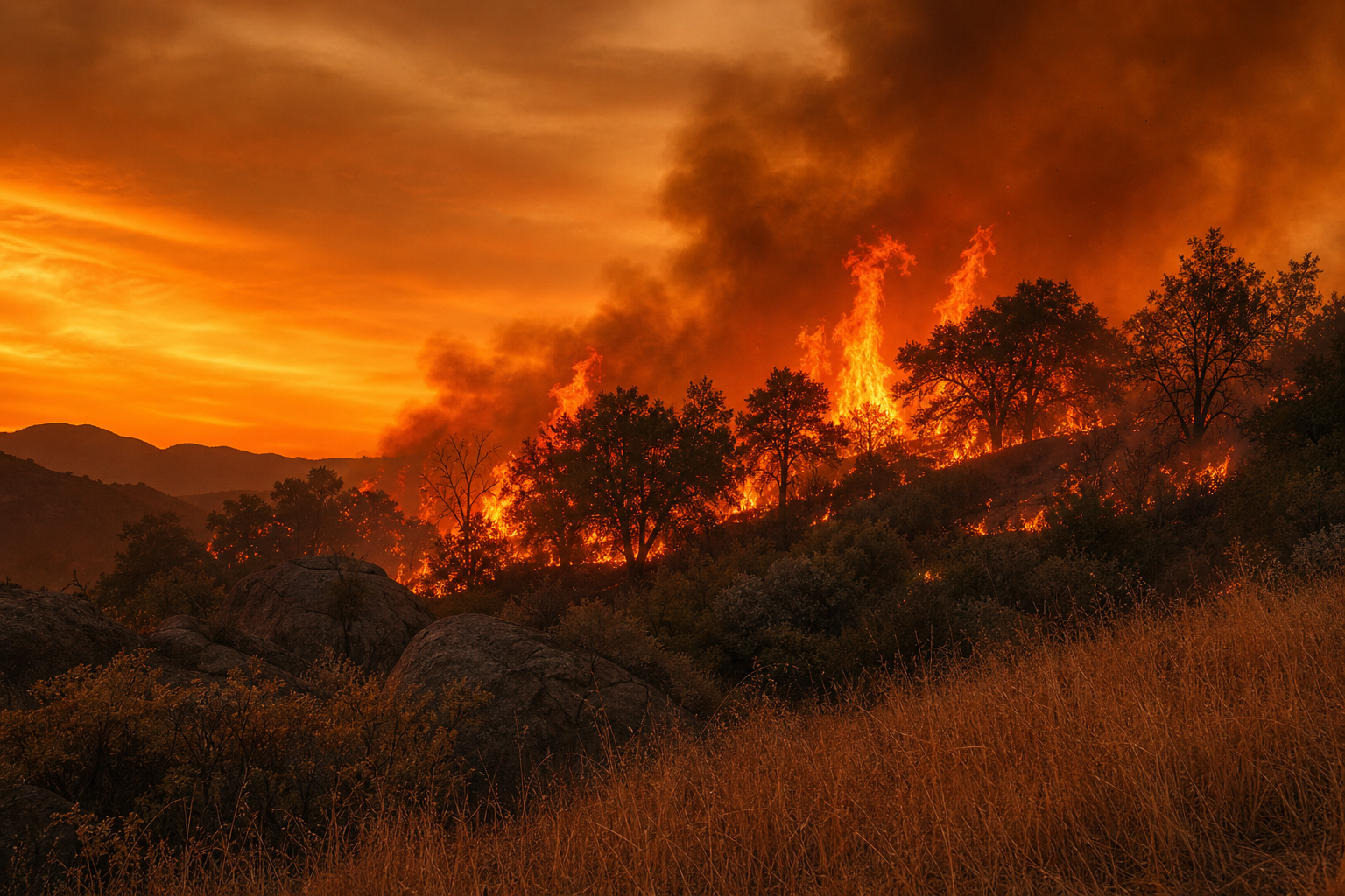 Wildfire burning through chaparral and oak woodland on a hillside in Southern California, with orange flames and smoke rising against an amber sky.