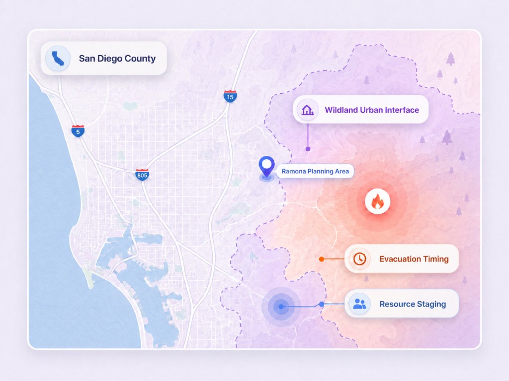 Map-style scenario graphic showing a San Diego County Wildland Urban Interface wildfire planning scenario with Ramona Planning Area, evacuation timing, resource staging, and wildfire risk overlays.